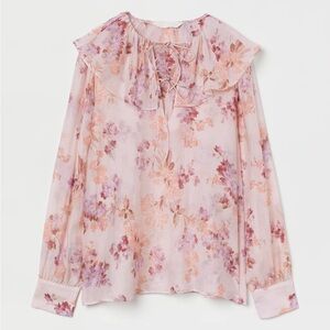 H&M Cottagecore Floral Flounce Collared Blouse in Pink Size S
